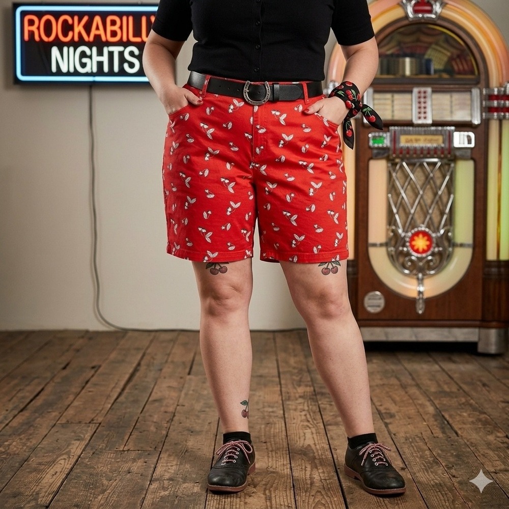 Womens Plus Retro Cherry Print Shorts 22W Red Fruit Pattern Rockabilly CJ Banks
